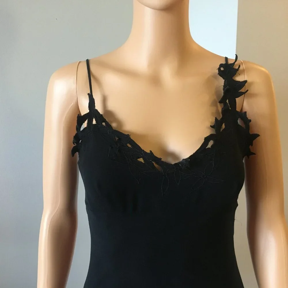 BCBGMaxAzria Silk Floral Lace-Trim Black Dress 0